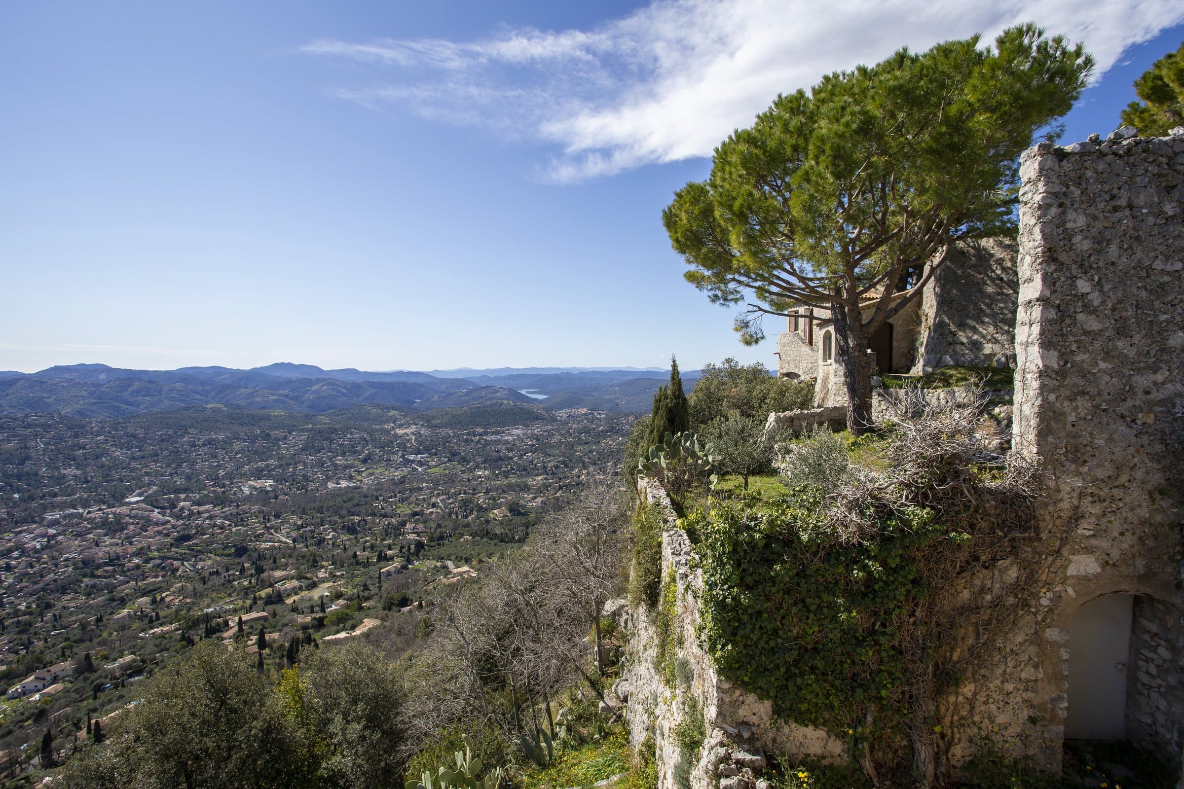 View from the medieval village of Cabris towards Lac de Saint-Cassien and the wooded hills