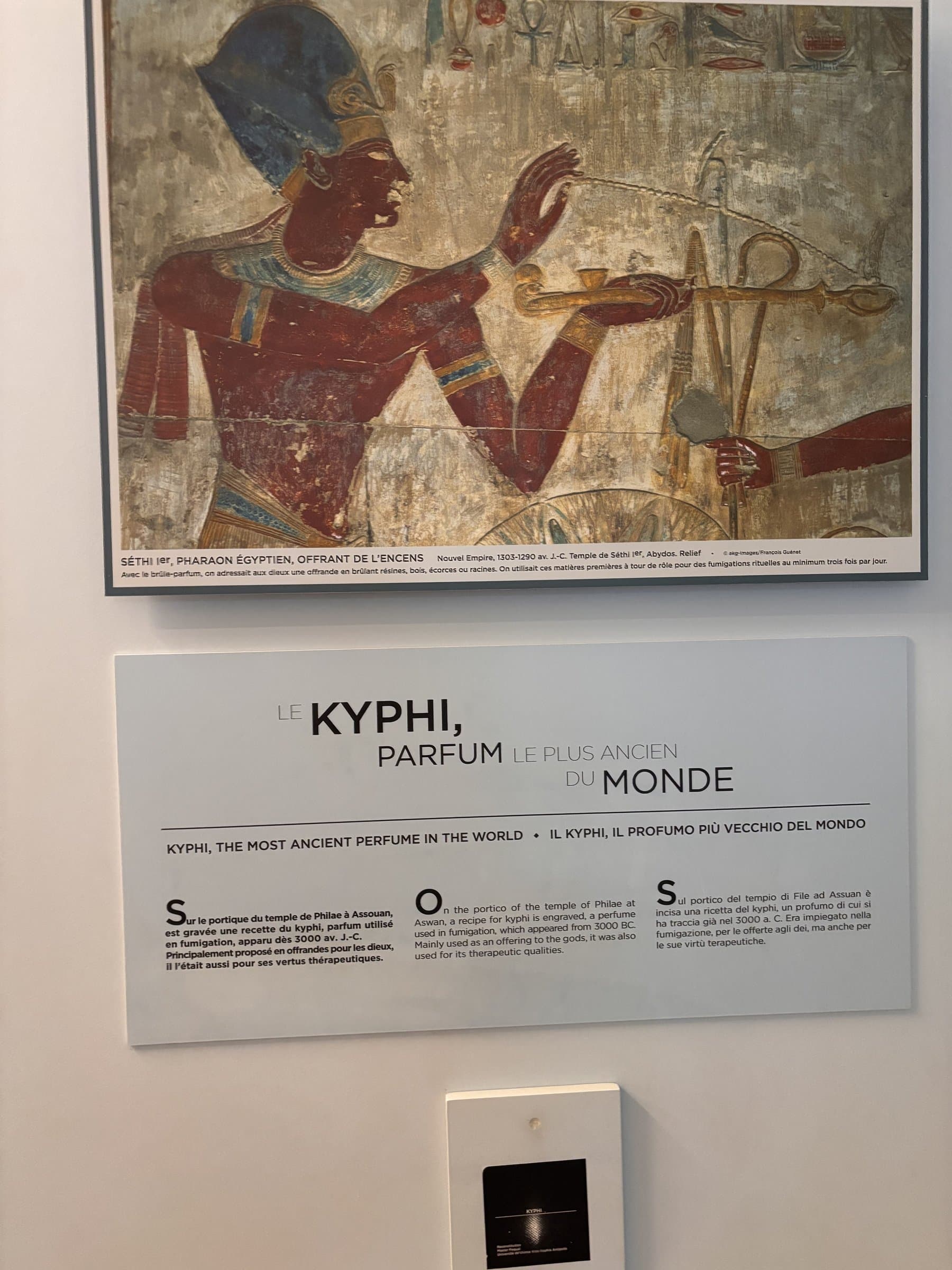 Egyptian painting of Seti I offering kyphi incense and Roman fresco The Perfume Sellers from Pompeii